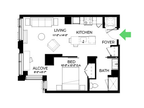 Floor plan for 1 bed, 1 bath, 655 sqft